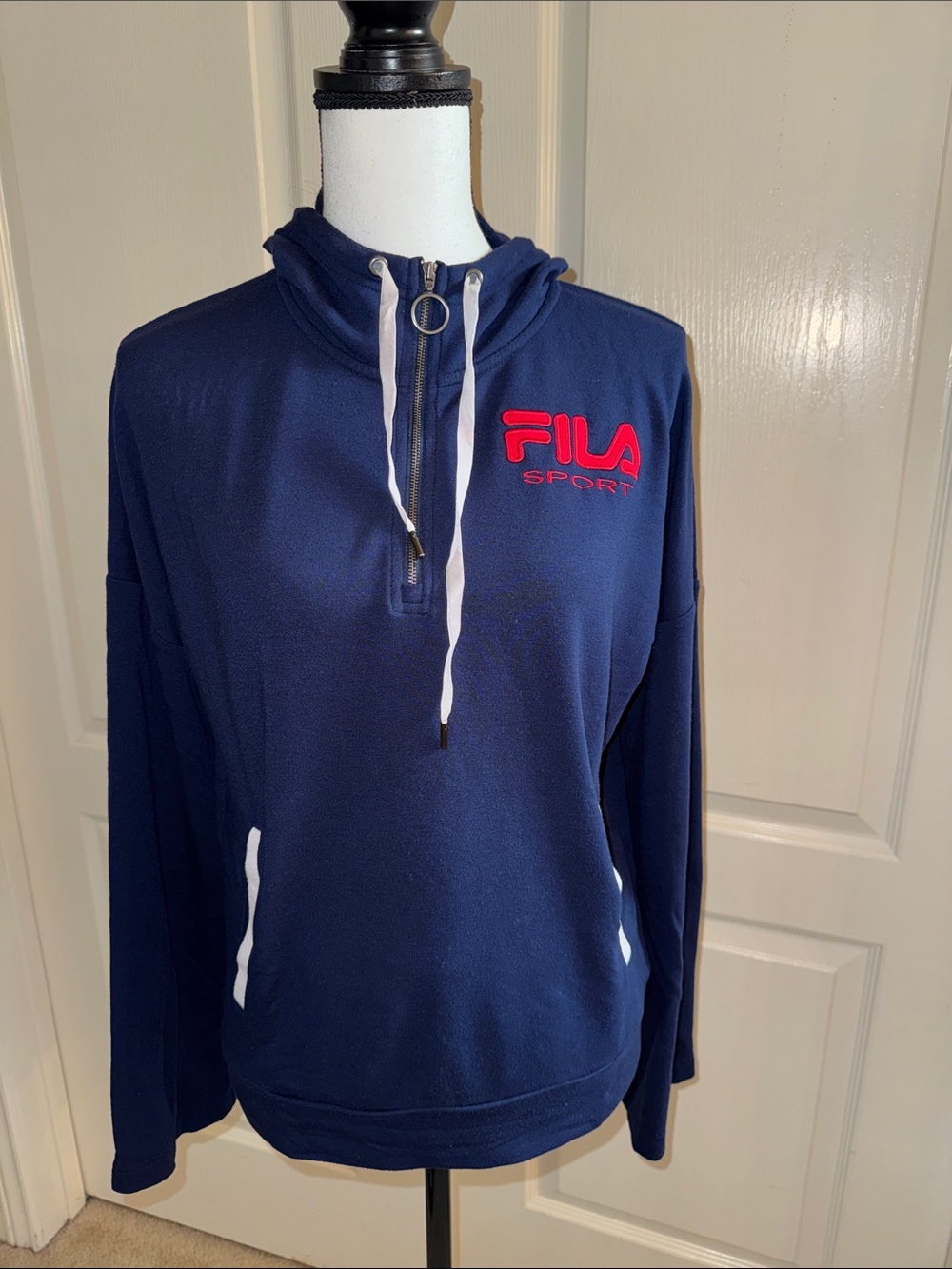 FILA - Navy Half-Zip Hoodie with Red Logo - Size Small